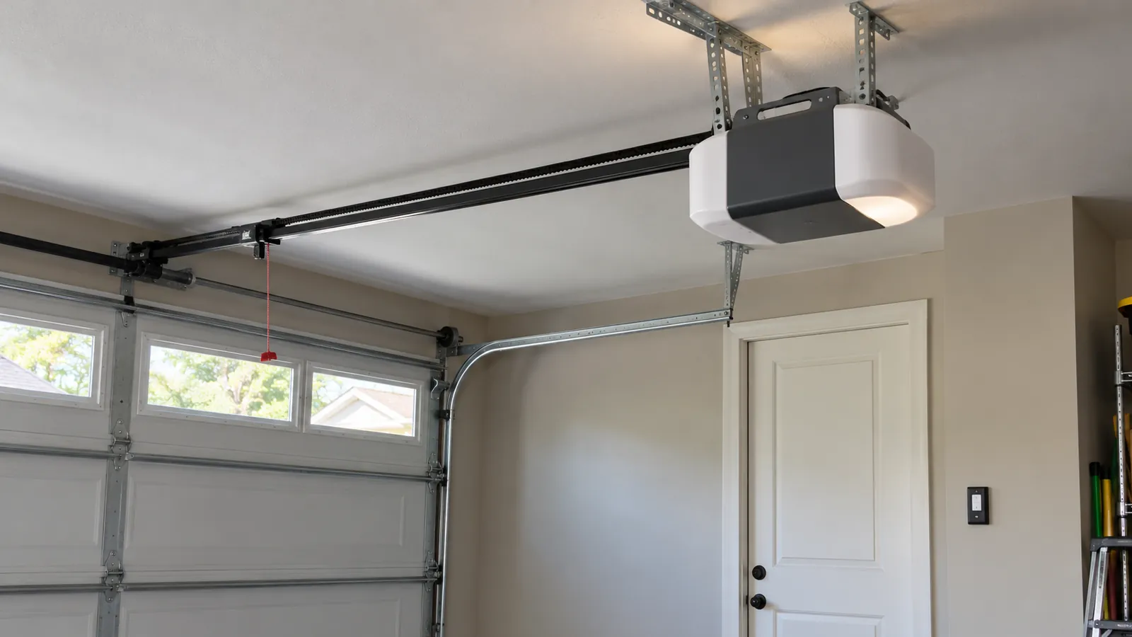Newly installed belt drive garage door opener on the ceiling of a clean garage, with a smooth rubber belt along the rail and a wall control by the house door
