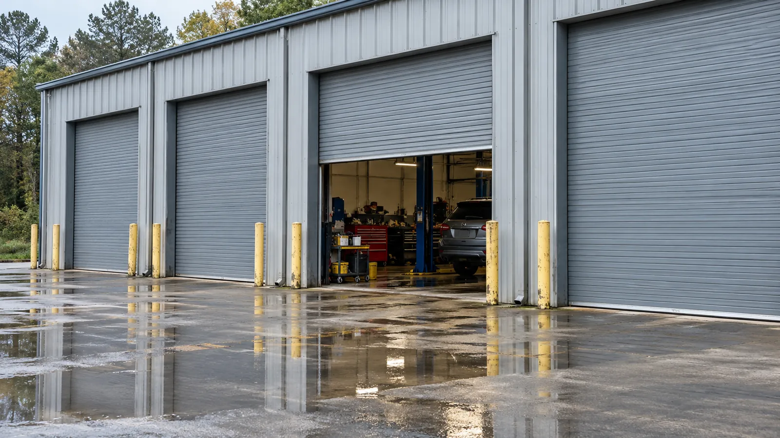 Row of gray rolling steel doors on a small industrial building, one half raised over an auto repair bay
