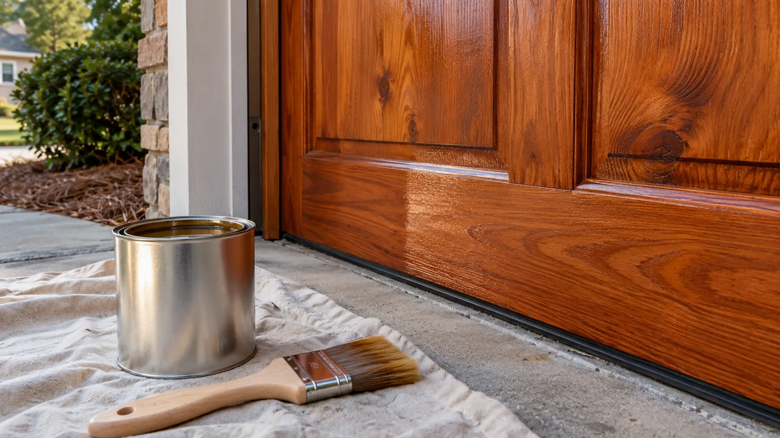 Lower corner of a stained cedar garage door with a fresh clear finish, brush and finish can on a drop cloth